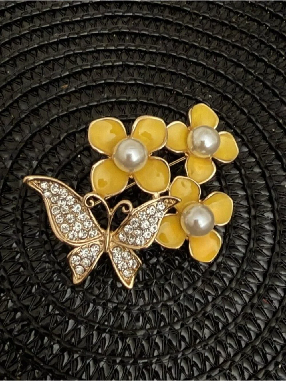Yellow Floral Pearl Butterfly & Fairy Butterfly Brooch Set - Women's Jewelry